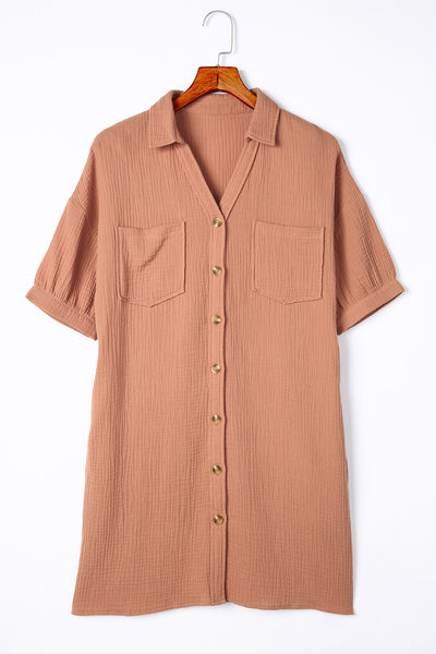 Crinkle Textured Joint Bubble Sleeve Shirt Dress