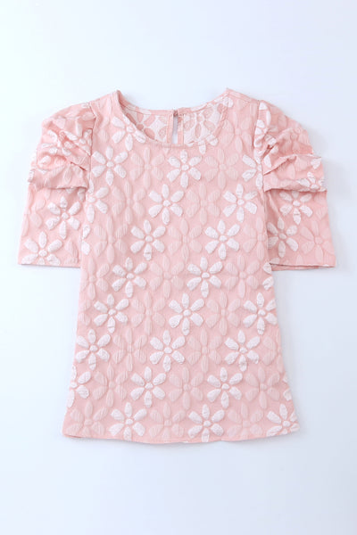 Floral Lace Ruched Bubble Sleeve Top