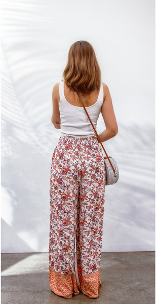 Floral Print Shirred High Waist Wide Leg Pants