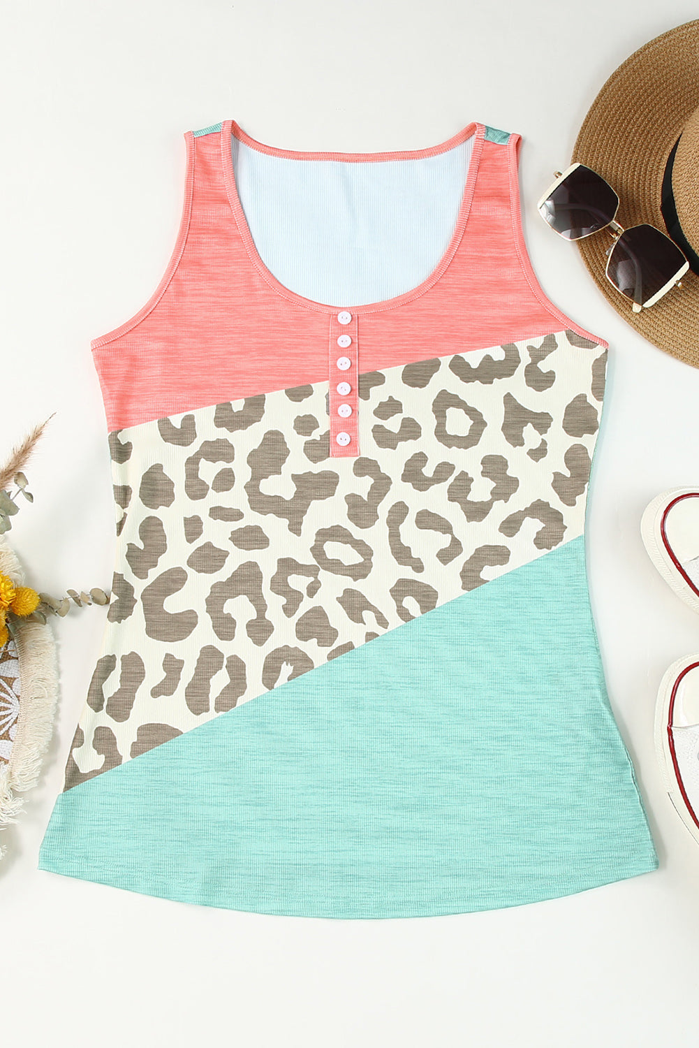 Color Block Button Casual Tank Top