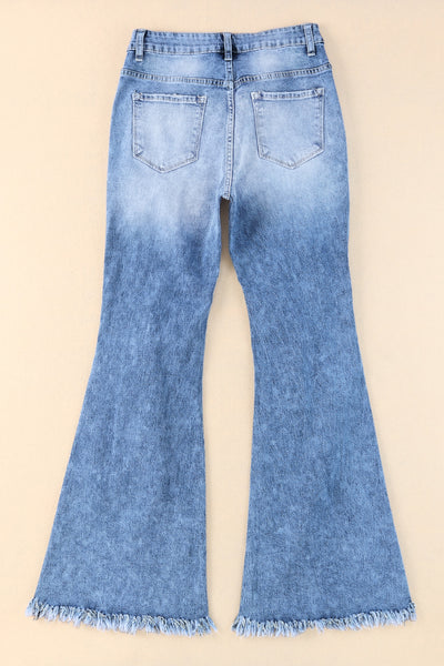 Distressed Damage Holes Raw Flare Leg Jeans