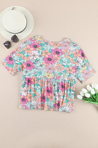 Bohemian Flower Print Flowy Short Sleeve Top