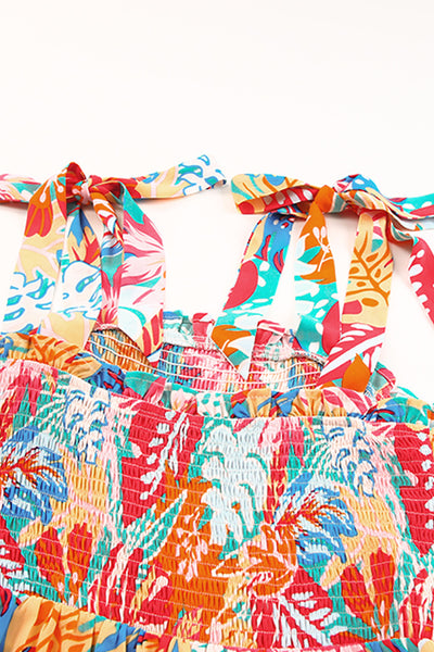 Tropical Print Smocked Ruffle Tiered Maxi Dress