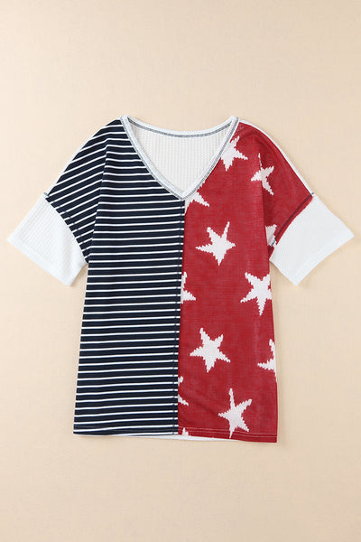 Stripes Stars Print Knit Short Sleeves Top