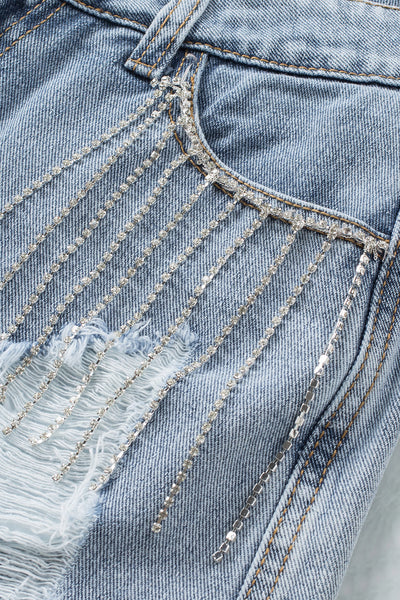 Rhinestone Tassel Distressed Denim Shorts