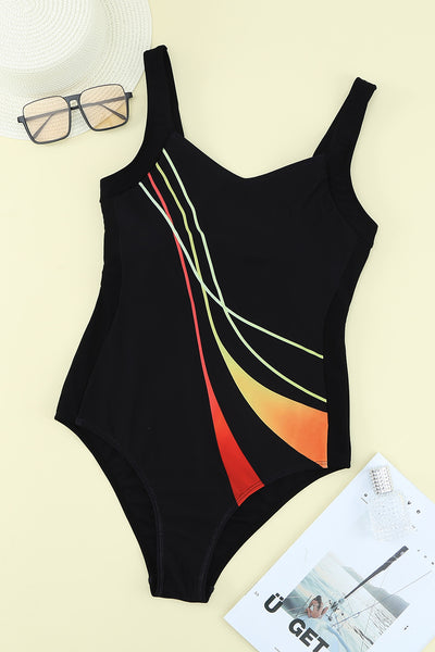 Striped Pattern Print Sleeveless Onepiece Swimsuit