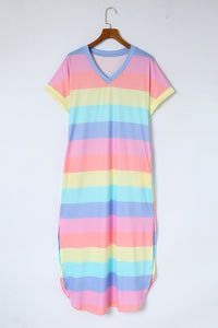 Striped Side Split Pockets V Neck T Shirt Dress