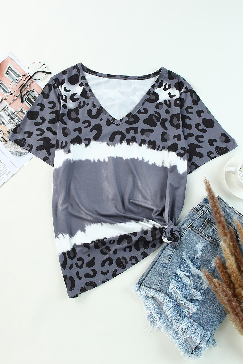 Tie Dye Leopard Patchwork Short Sleeve Top