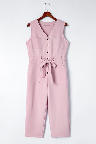 Buttoned Sleeveless Cropped Jumpsuit with Sash