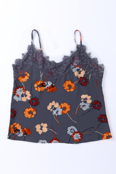 Floral Print Lace Contrast Tank Top