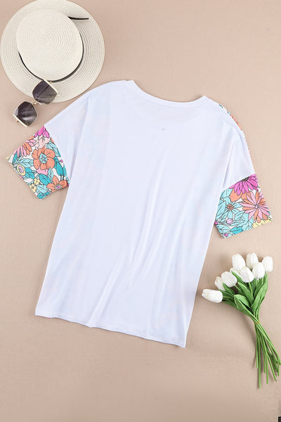 Floral Print Patchwork Short Sleeve Top