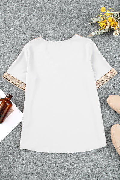 White Lace Trim V Neck Short Sleeve Blouse