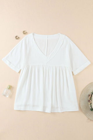 Frayed V Neck Ruffled Babydoll Blouse