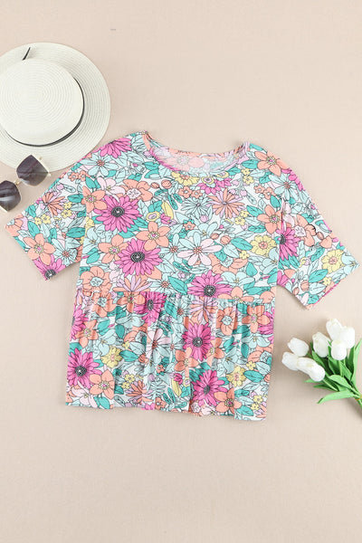 Bohemian Flower Print Flowy Short Sleeve Top