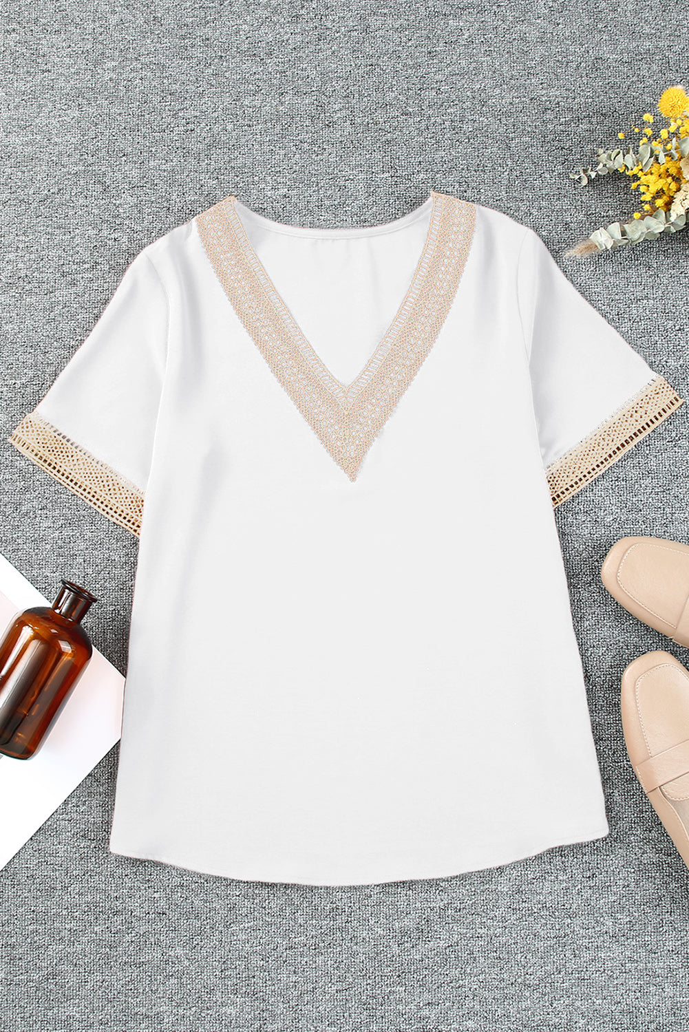 White Lace Trim V Neck Short Sleeve Blouse