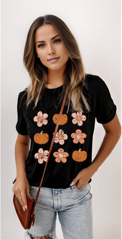 Pumpkin Flower Print Short Sleeve Graphic T Shirt