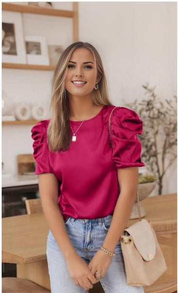 Ruched Puff Short Sleeve Satin Blouse