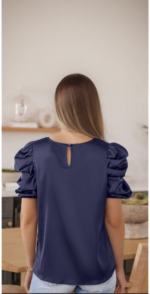 Ruched Puff Short Sleeve Satin Blouse