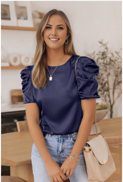 Ruched Puff Short Sleeve Satin Blouse