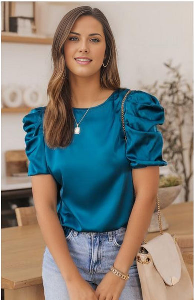 Ruched Puff Short Sleeve Satin Blouse