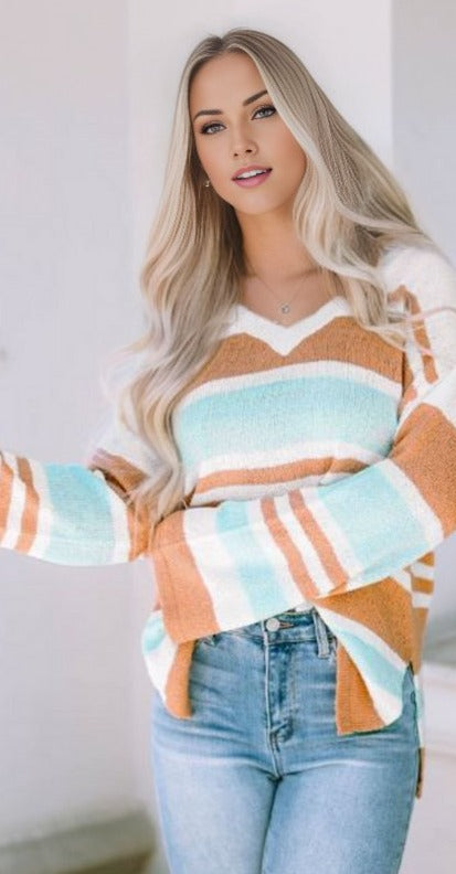 Colorblock Stripe Long Sleeve Split Sweater