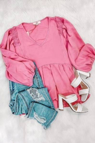 Frilled V Neck Puff Sleeve Babydoll Blouse