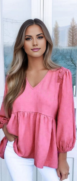 Frilled V Neck Puff Sleeve Babydoll Blouse