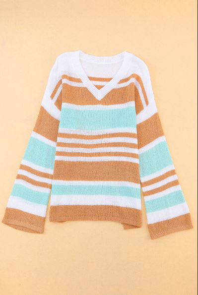 Colorblock Stripe Long Sleeve Split Sweater