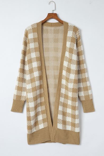 Plaid Pattern Ribbed Trim Long Cardigan