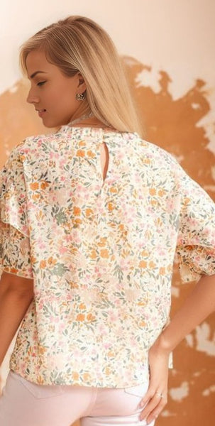 Floral Print Wide Ruffle Sleeves Blouse