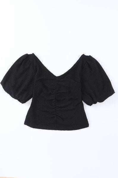 V Neck Ruched Front Puffy Sleeve Blouse