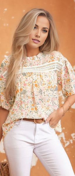 Floral Print Wide Ruffle Sleeves Blouse