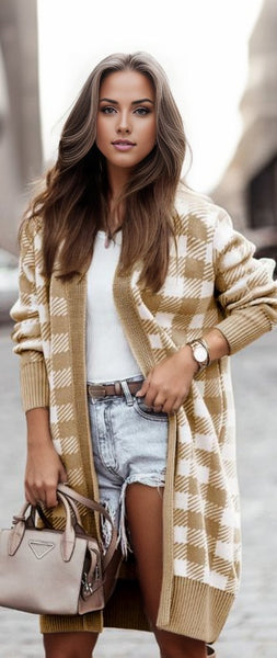 Plaid Pattern Ribbed Trim Long Cardigan