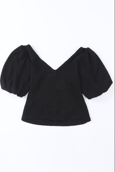 V Neck Ruched Front Puffy Sleeve Blouse