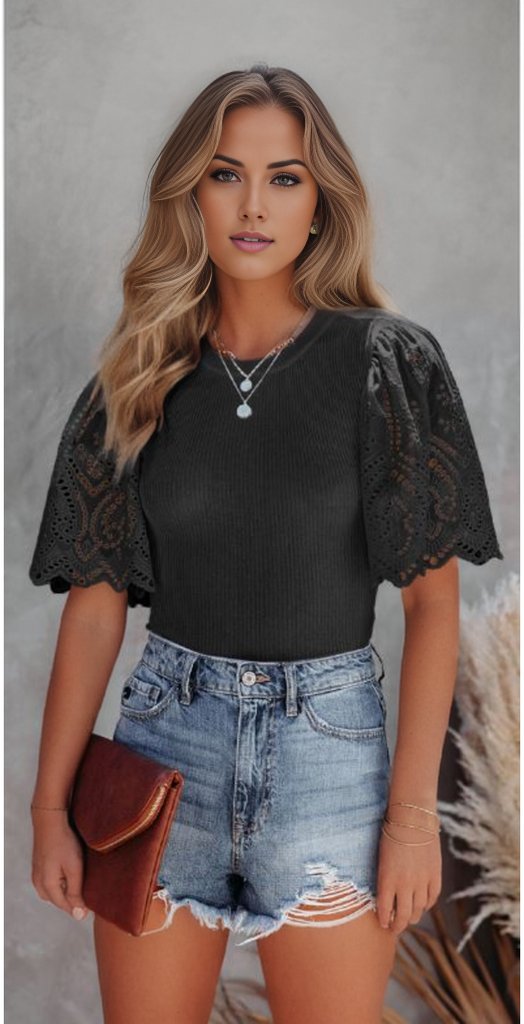 Scalloped Eyelet Sleeve Ribbed Knit Top