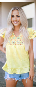 Geometric Embroidery Textured Top with Ruffles