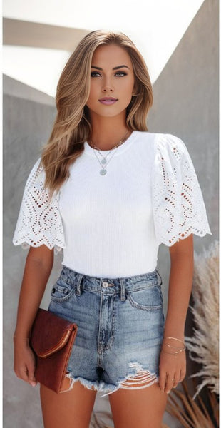 Scalloped Eyelet Sleeve Ribbed Knit Top