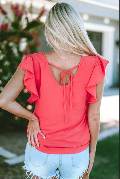 V Neck Ruffle Sleeve Loose Top