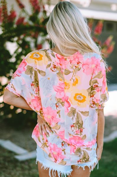 Shirred Cuff 3/4 Sleeve Loose Fit Floral Blouse