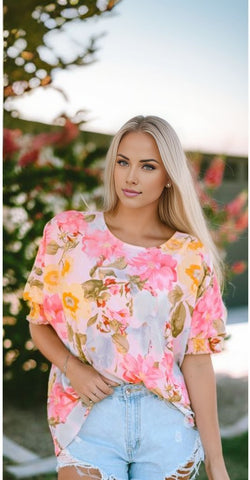 Shirred Cuff 3/4 Sleeve Loose Fit Floral Blouse