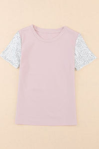 Round Neck Sequin Sleeve T Shirt