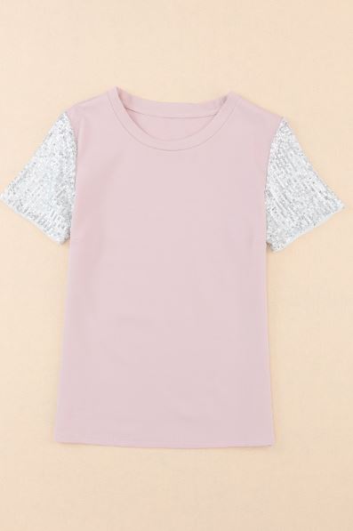 Round Neck Sequin Sleeve T Shirt