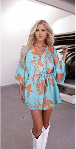 Print Button Drawstring Batwing Sleeve Dress