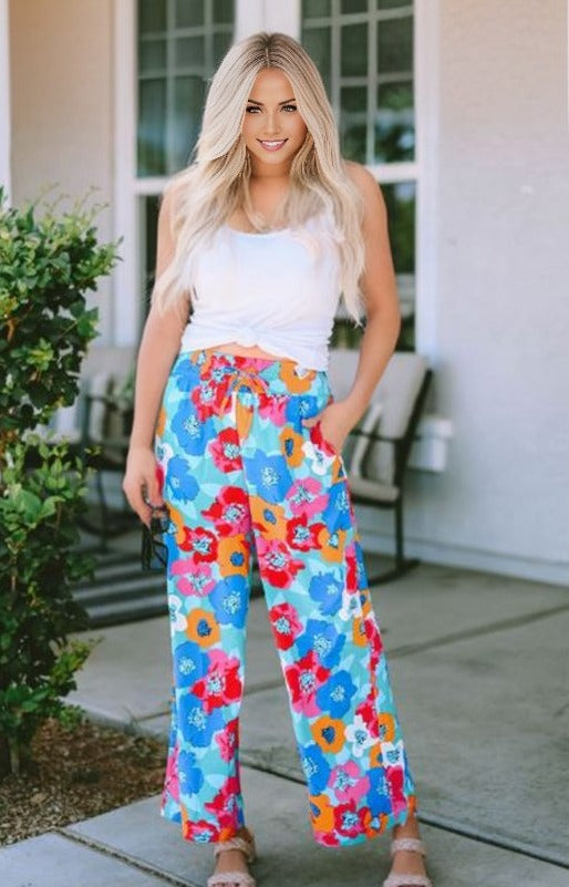 Floral Print Drawstring Wide Waistband Pants