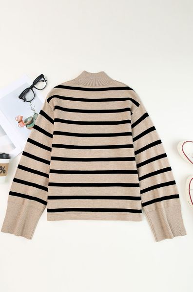 Striped Mock Neck Bell Sleeve Knit Sweater