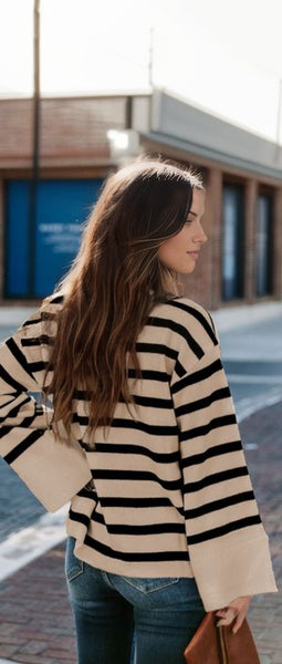 Striped Mock Neck Bell Sleeve Knit Sweater