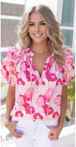 Split Neck Ruffled Puff Sleeves Floral Top