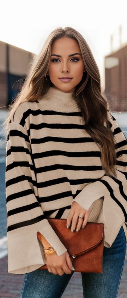 Striped Mock Neck Bell Sleeve Knit Sweater