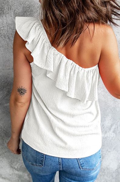 Ruffle One Shoulder Crinkle Tank