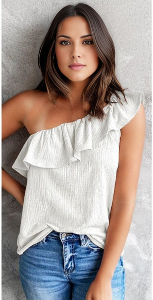 Ruffle One Shoulder Crinkle Tank